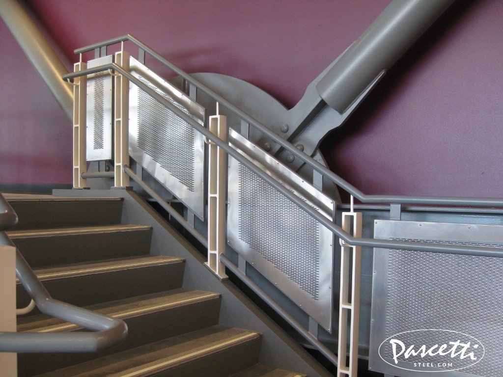 Commercial ADA compliant stair and handrail system with perforated metal panel infill del norte high school remodel