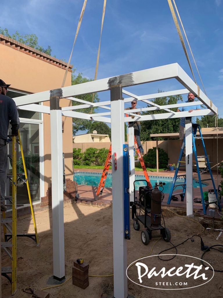 custom steel shade structure with perforated screening