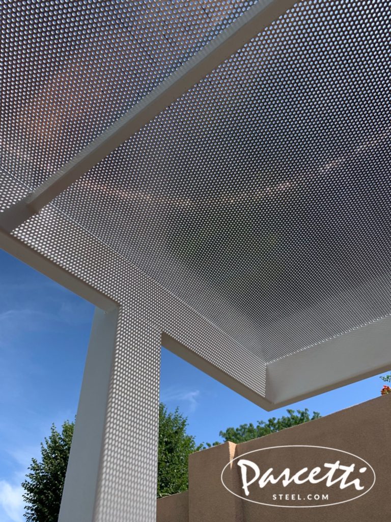 custom steel shade structure with perforated screening
