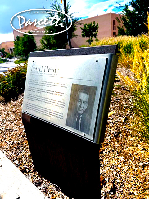Steel sign on campus memorial metal etching